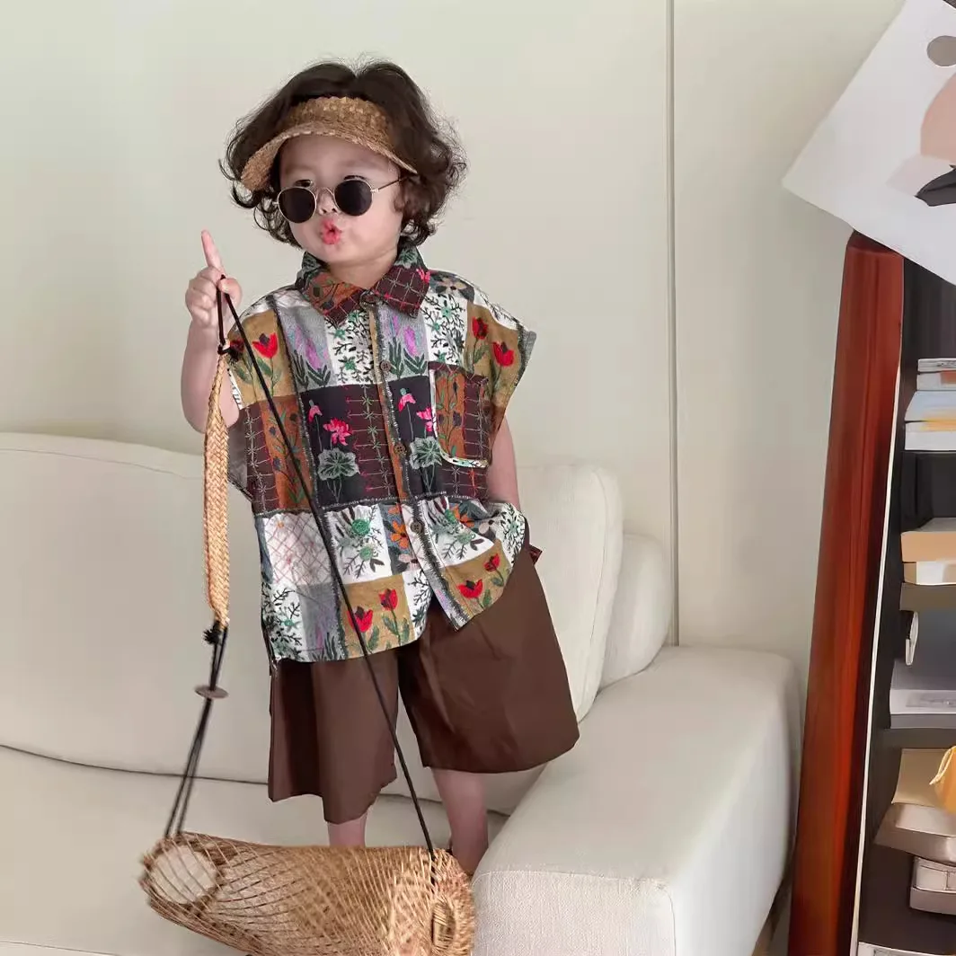 Children Clothing Kids Fashion Casual T Shirt 2024 Summer New Korean Style Boys Handsome Retro All Match Jacket Suspenders