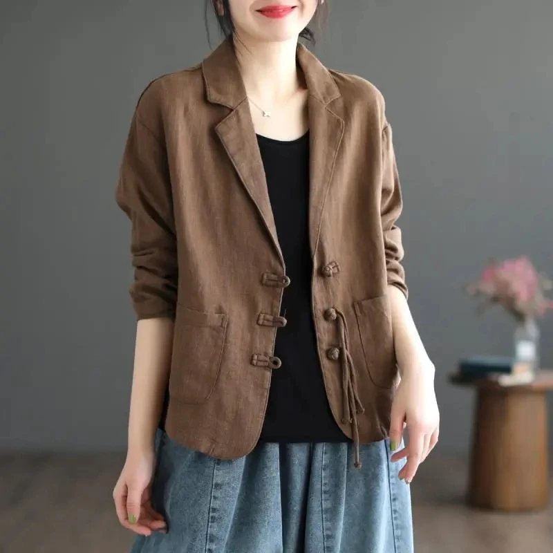 Retro Button Cotton Linen Suit Jacket Women\'s Spring Autumn 2024 New Loose Thin Chinese Style Suit Coat Fashion Outerwear Tops