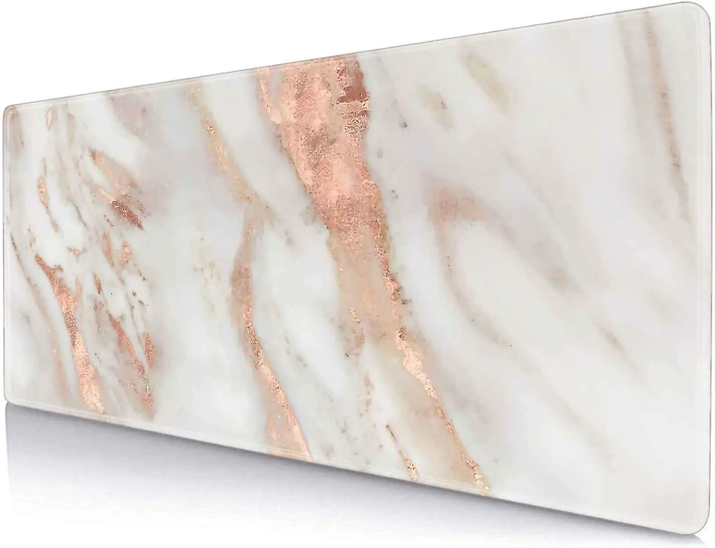 White and Rose Gold Marble Mouse Pad Non-Slip Rubber Base Mousepad Women Girly 31.5x11.8 Inch - Abstract Metallic Luxury Texture