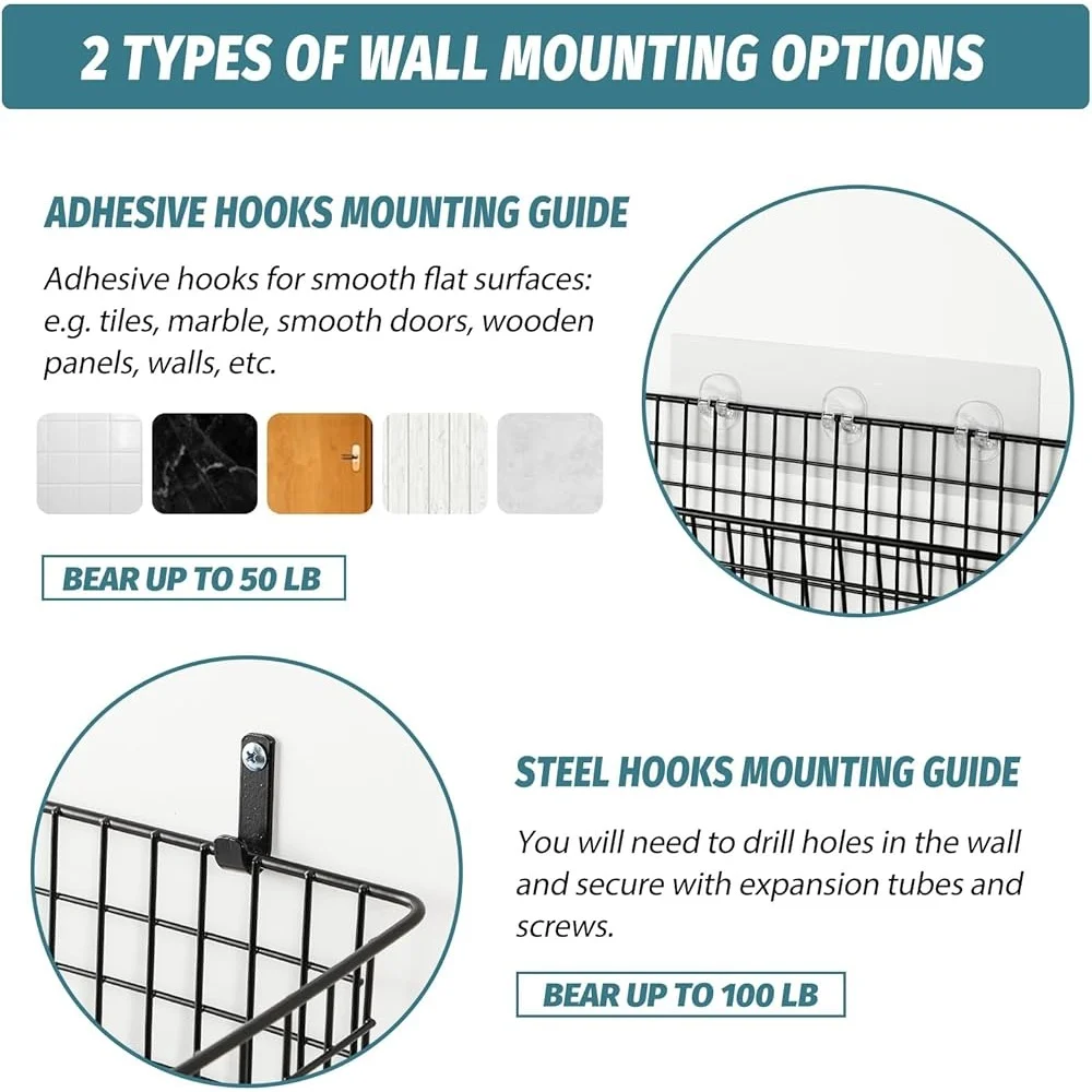 مجموعة سلال تخزين كبيرة جدًا مثبتة على الحائط مكونة من 4 عبوات مع خطافات لاصقة وخطافات فولاذية لتنظيم الأسلاك المتينة والمكتب المنزلي المثالي #3