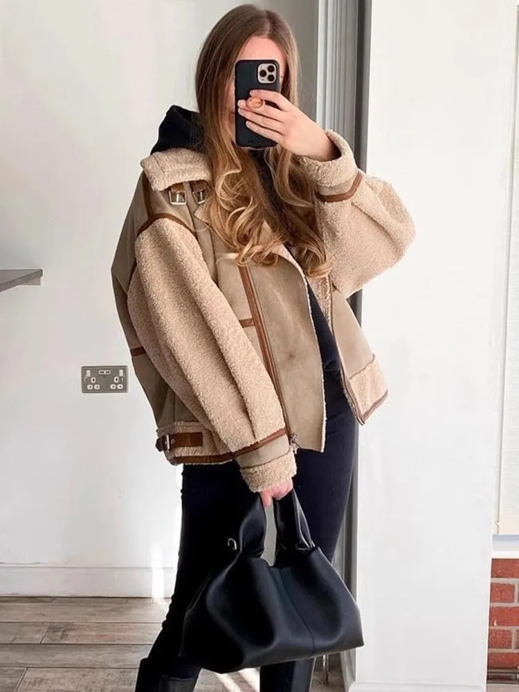 ZVRI 2023 Autumn Winter Women Warm Faux Fur Fleece Coat Jacket Female Loose Patchwork Thickened Locomotive Lapel Chic Outwear