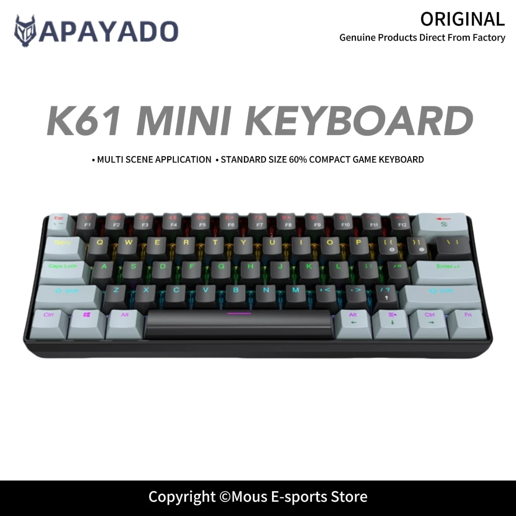 K61 61-Key Mechanical Keyboard Blue/Red Switch RGB Backlit APAYADO Ergonomic Design Compact Mini Gaming Keyboard for E-Sports