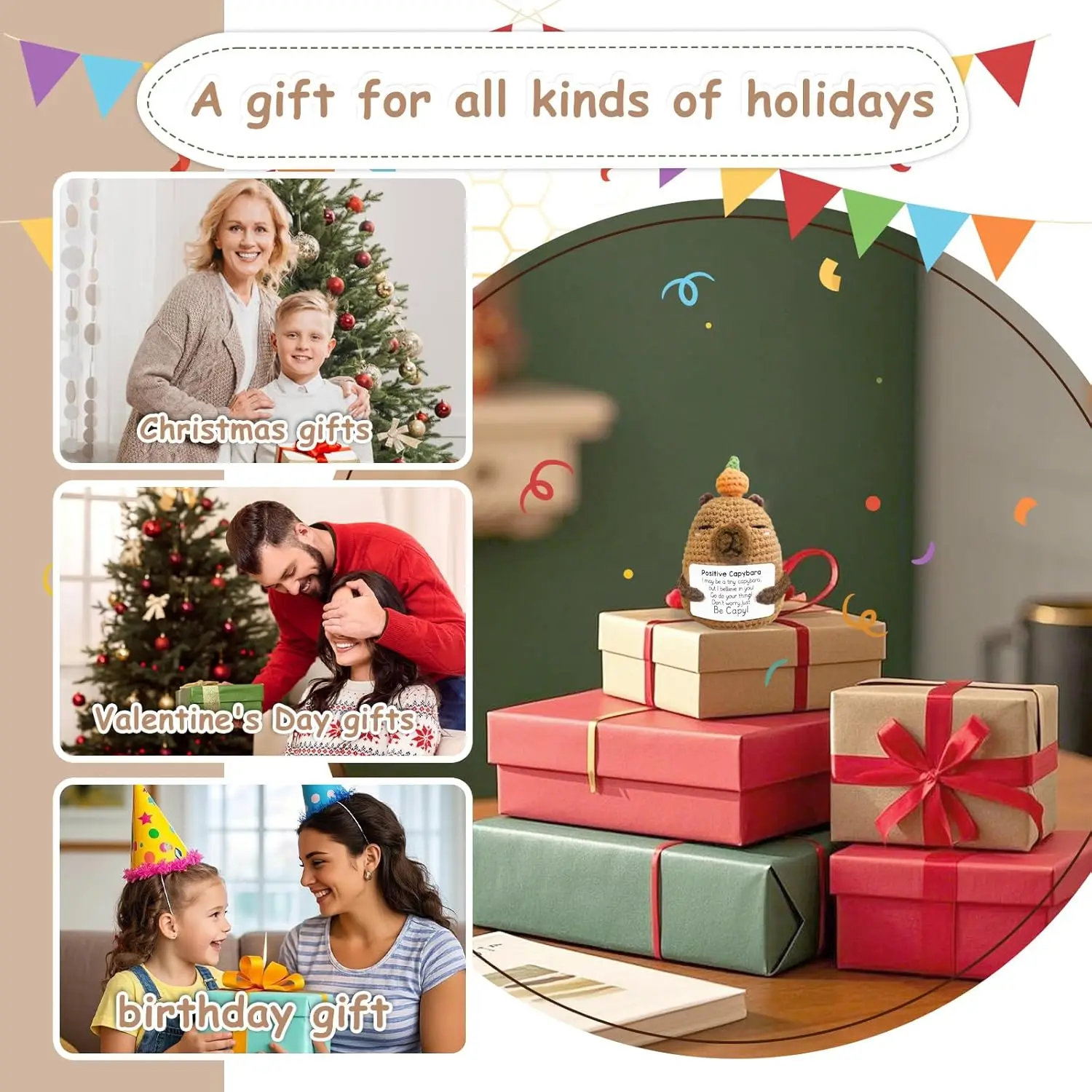 الإيجابية الكروشيه الحيوانات كابيبارا دمية مع بطاقة سطح المكتب زخرفة اليدوية محبوك يهتف كابيبارا دمية غرفة المنزل الديكور