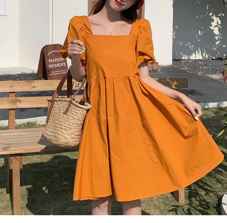 Damen elegantes einfarbiges Kleid Sommer Kurzarm Vintage Harajuku Baumwolle Leinen bequemer quadratischer Hals lockeres langes Kleid d53