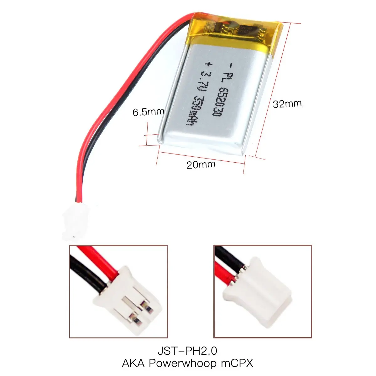 Batterie Lipo aste, 3.7V, 350mAh, 652030, longueur 32mm