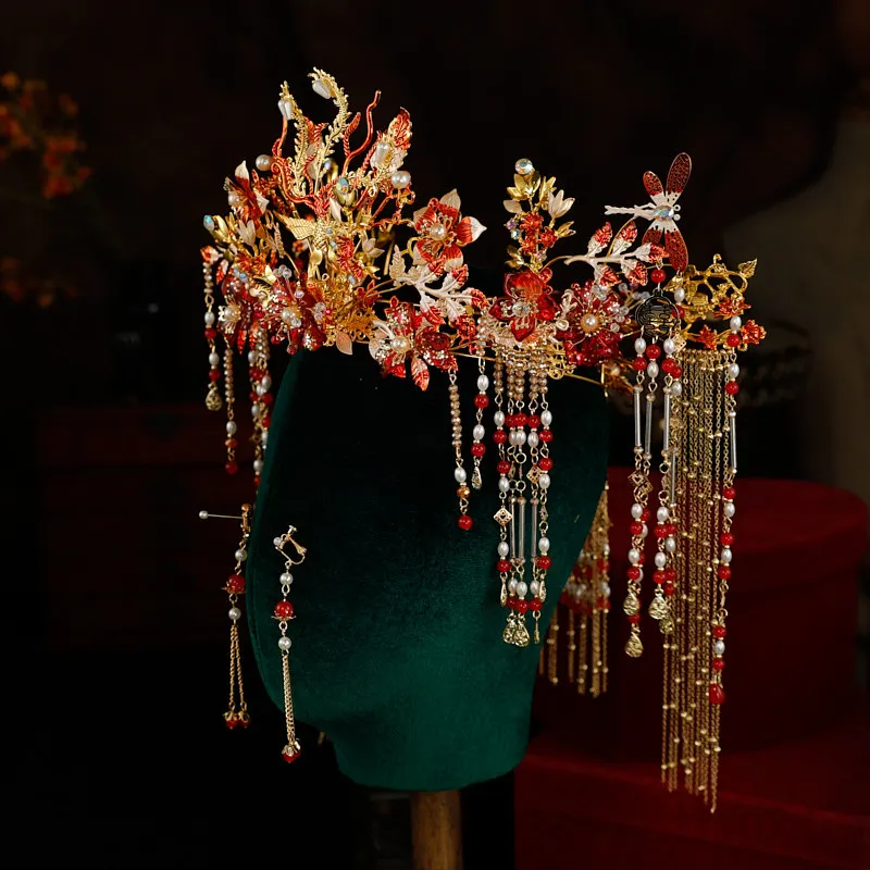 Xiuhe غطاء الرأس الربيع والصيف جديد الصينية الأحمر شرابة التاج وثوب مينغ الزفاف Xiuhe دعوى إكسسوارات الشعر