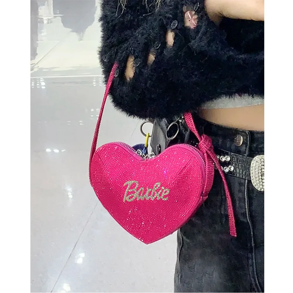 Barbie Heart-shaped Shoulder Bag Love Full Diamond Flash Party New Portable Anime Kawaii Mini Phone Underarm Bag Girl Gifts