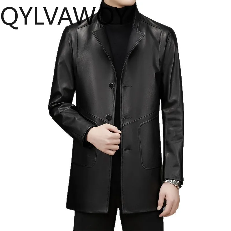 

QYLVAWOY Lapel Real Cowhide Leather Jacket Man Mid-length Black Jackets Spring Jackets for Man Trench Coat Luxury Man Jackets