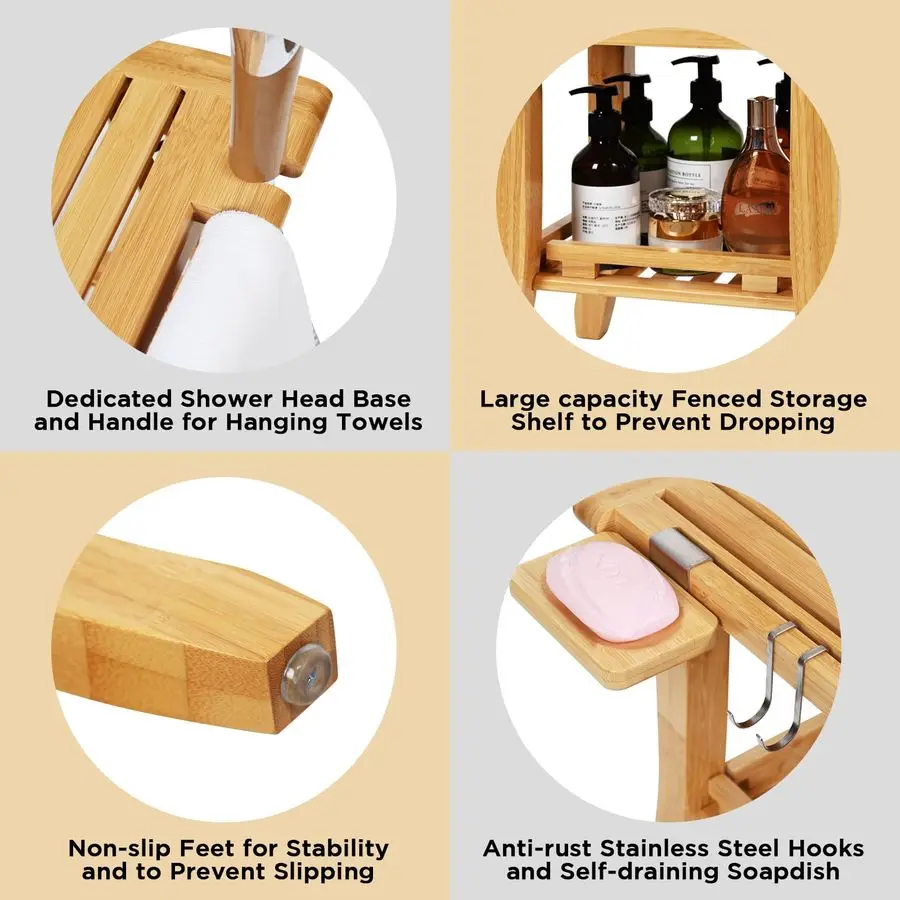 كرسي استحمام من الخيزران من طبقتين للاستحمام الداخلي، مقعد حمام للأطفال مقاوم للماء مع رف تخزين، طبق صابون وحامل رأس دش، مقاس S #2