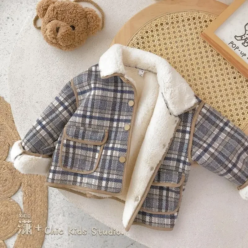 

Autumn Winter Fashion Vintage Harajuku Girls Coat Kawaii Tops All Match Sweet Kids Jacket Plaid Plus Velvet Children's Clothes