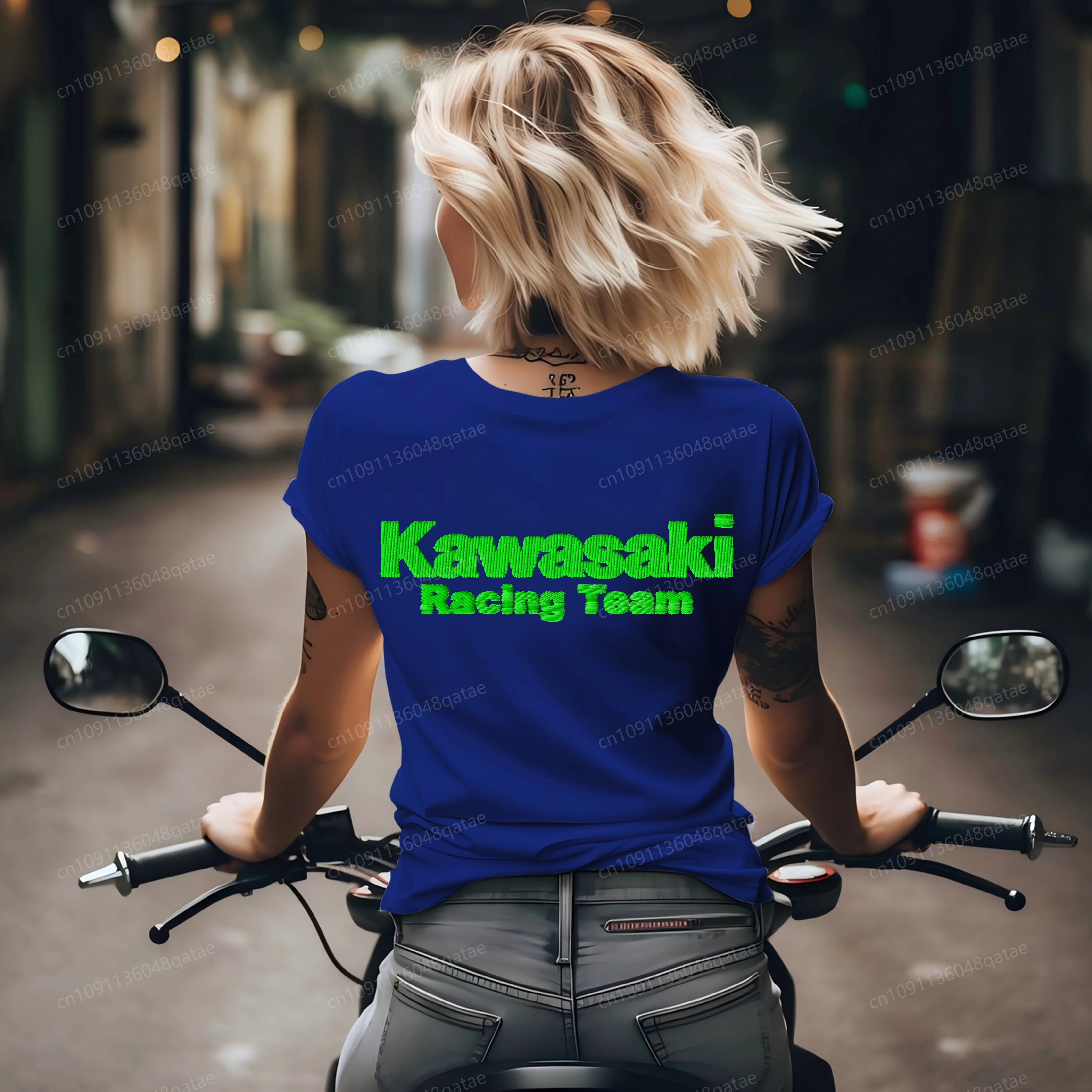 

Summer Tops Embroidery Kawasaki Combed Cotton 3D Printing Short Sleeve Women's T-shirt Woman 2025 Motorcycle Female Clothing Top
