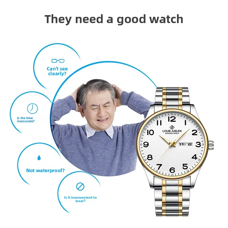 Large Dial Clear Markers Luminous Stainless Steel Band Unisex Elderly Couple Watches