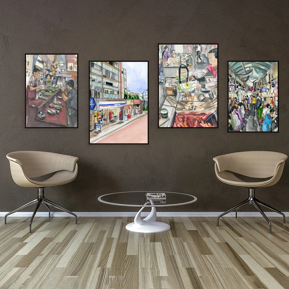 

Korean art, Korean street food, street food, Korean market scene, watercolor food illustration, Asian food wall decor poster