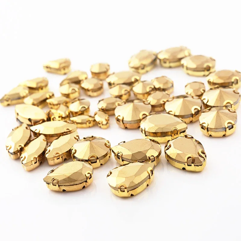 RESEN Top Grade! 50PCS Gold Rhinestone Mix Shape Rhinestone Glass Sew on Rhinestones With Gold Claw For Sewing Diy Garments