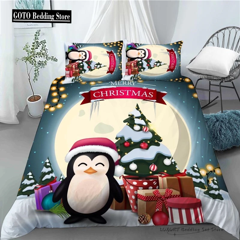 

3 Pc Duvet Cover Christmas Moon Penguin Bedding Set for Kids and Adults Microfiber Single Double Queen 220x240 Room Decor Gift