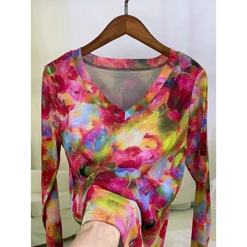 Long-sleeved Slim Bottoming Autumn New Pullover T-shirt Trendy Mesh Top Foreign Style Soft Gauze Elastic