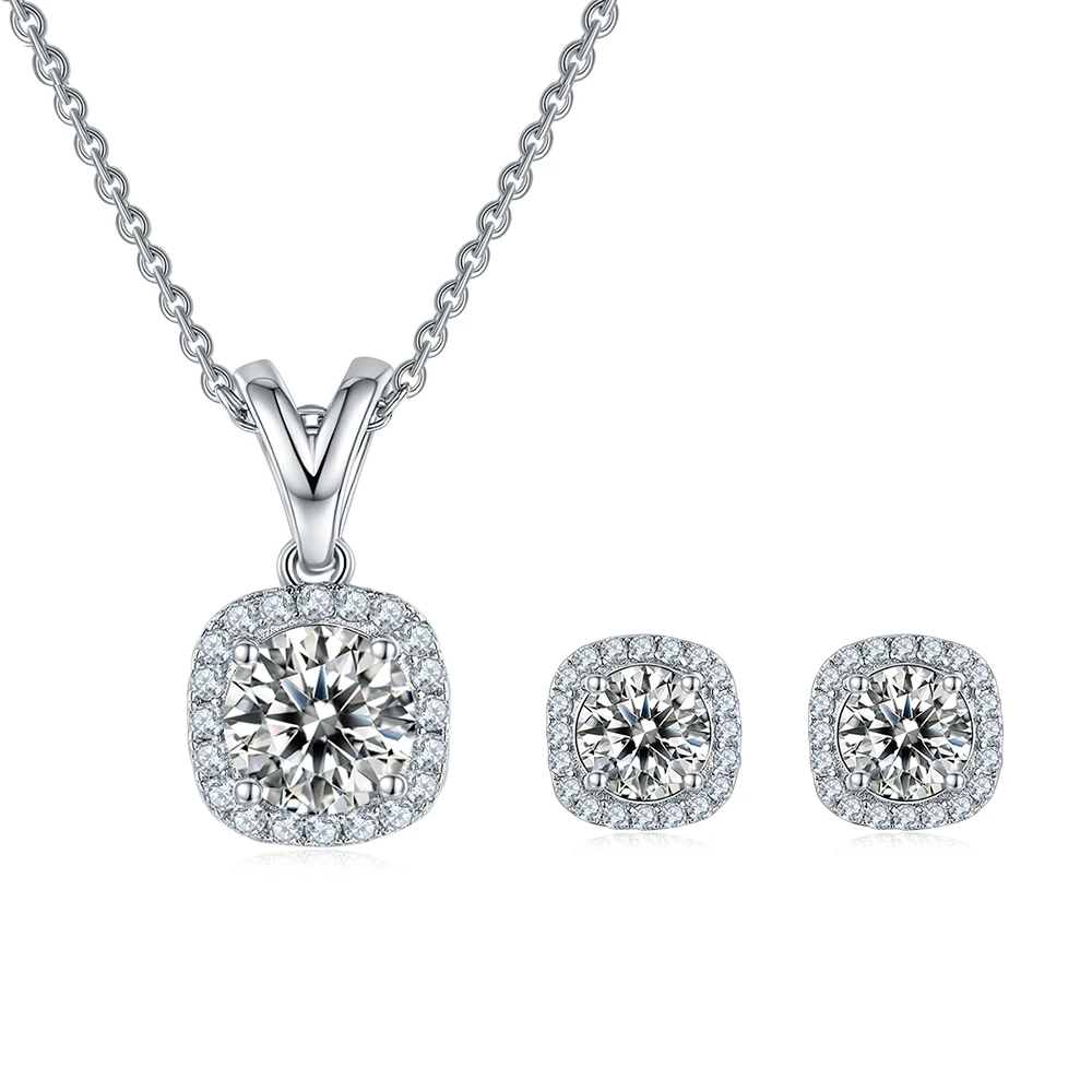 

Square Classic Surround Pendant High Carbon Diamond Zircon Necklace S925 Sterling Silver Earrings With Design