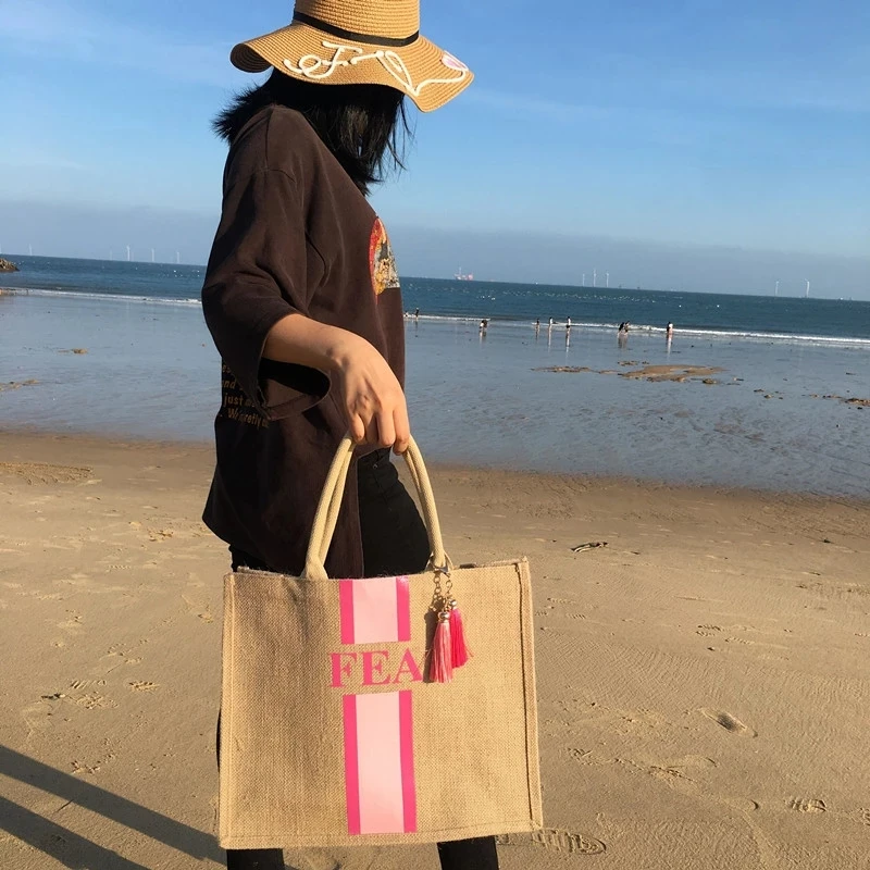 Custom striped monogrammed beach tote bag, personalize name monogram Initials burlap tote mom basket bags pouches shopping jutes