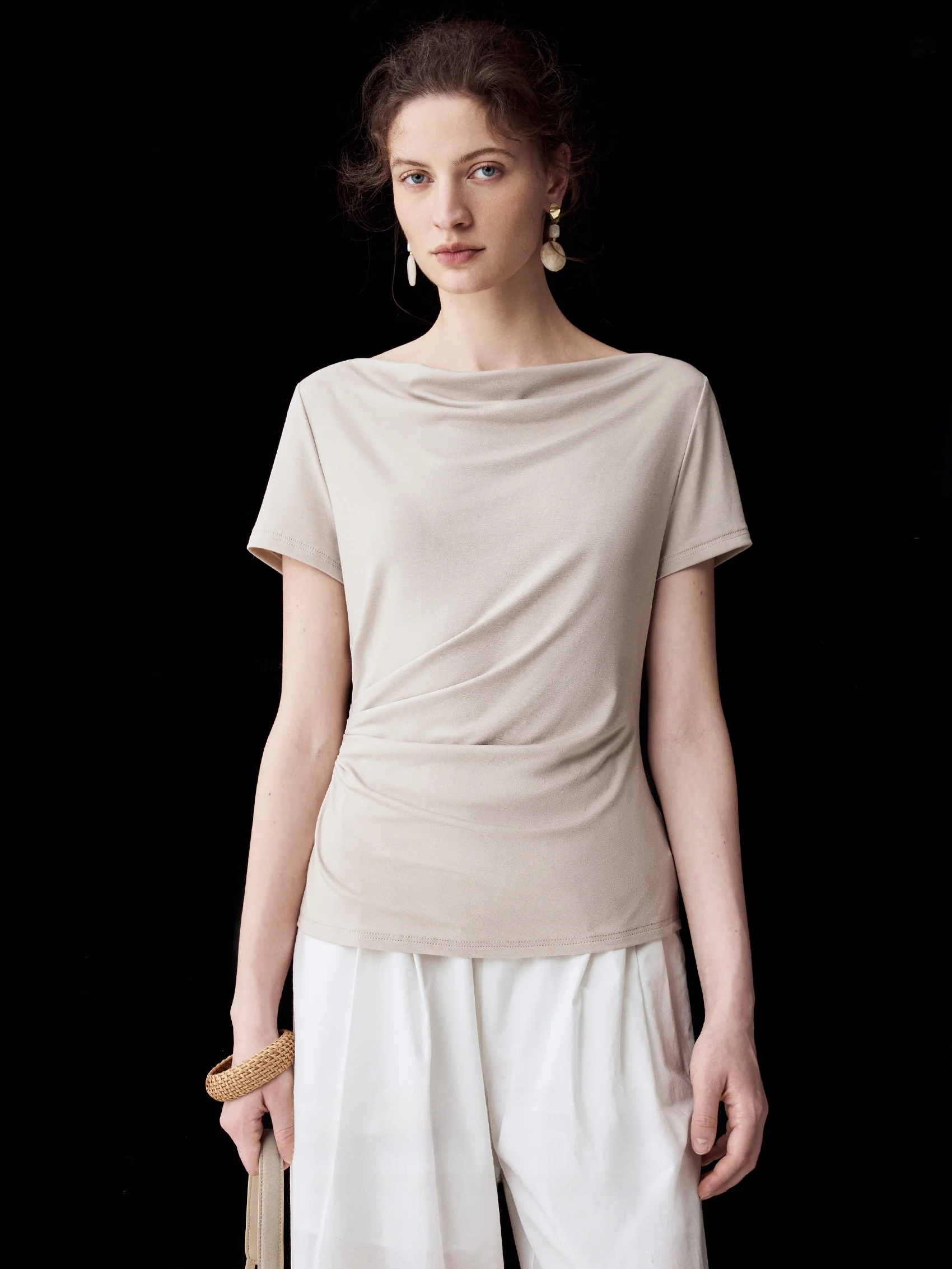 

Slimming Effect One-Shoulder T-Shirt Women's Sofa Soft Skin-Friendly Drape Waist-Cinching Modale Fiber Short Sleeve Top