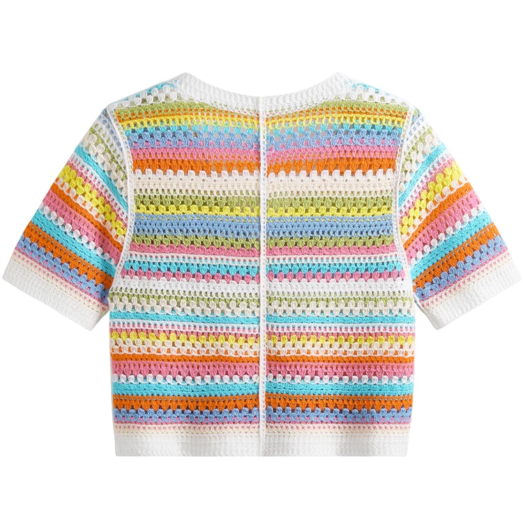 Rainbow Crochet Top Short Sleeve Multicolor Stried Blouse Cardigan Openwork Crop Knit Top for Women Teengirl Summer Outfit