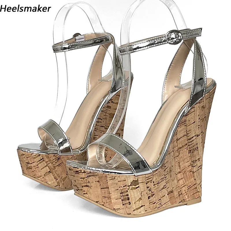 Sukeia Handmade Women Platform Ankle Strap Sandals Wedges Heels Round Toe Beautiful Silver Casual Shoes US Size 5-20