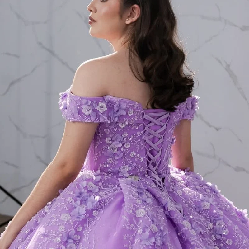 ที่กําหนดเองลาเวนเดอร์สีม่วง Quinceanera ปิดชุดไหล่ Tull คริสตัล applique 3D ดอกไม้ Vestido De 15 Quinceanera