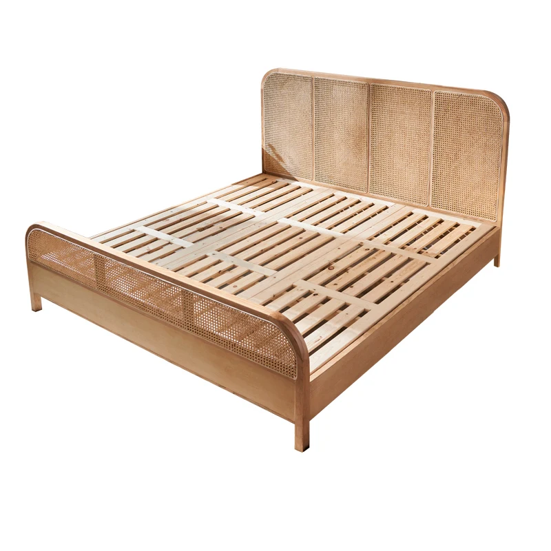 

Solid wood rattan double people's hostel 1.8m Nordic bedroom creative single bed