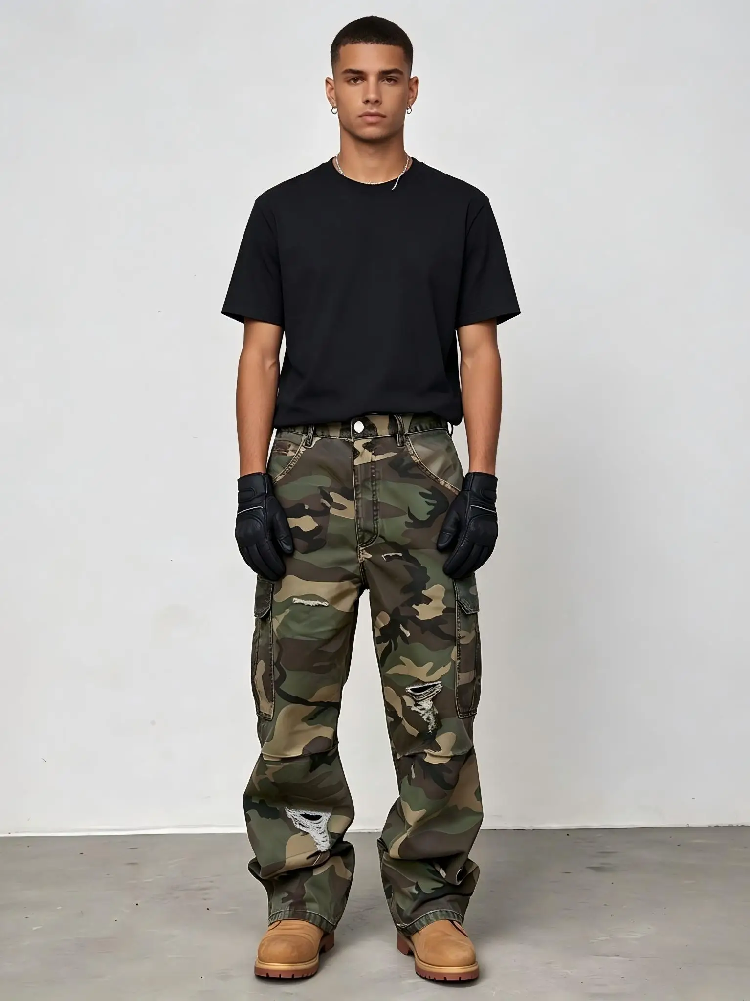 【HME】Men's jeans | Men Wide Flare Denim Pants, Functional Cargo Multi Pocket Denim Trousers, Classic Camo Print, Destroyed Ripped Craft, Sturdy Denim Fabric, Loose Fit, Male Street Fashion Denim Pants