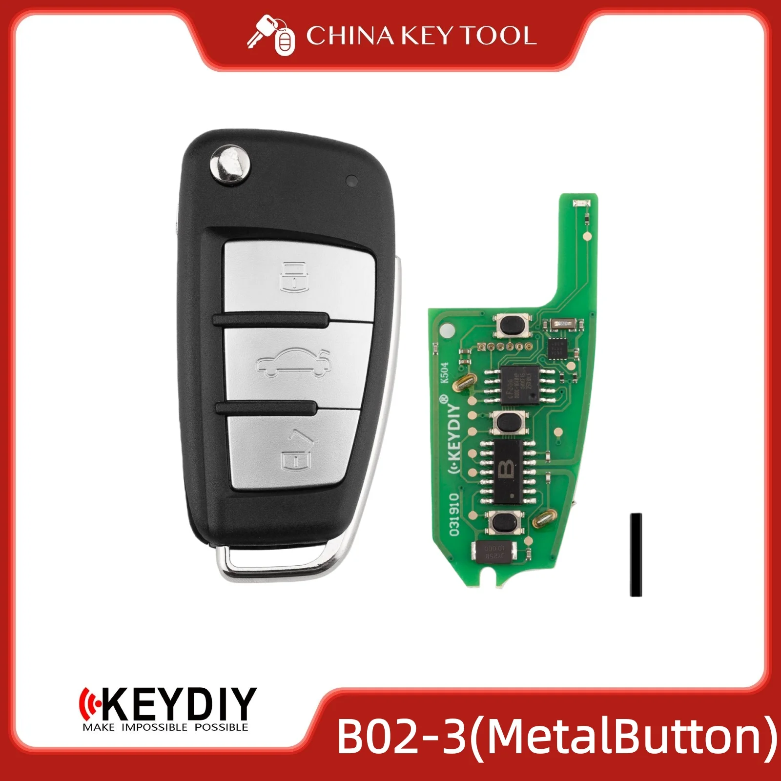 KEYDIY KD B02-3 Bouton métallique Clé à distance universelle à rabat 3 boutons compatible avec le type Audi