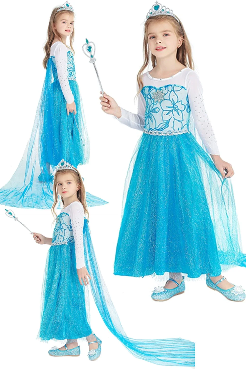 3-10Years Queen Elsa Cosplay Kids Dress Costume Cartoon Princess Snow Disguise Headgear Magic Wand Cloak Set Halloween Suits