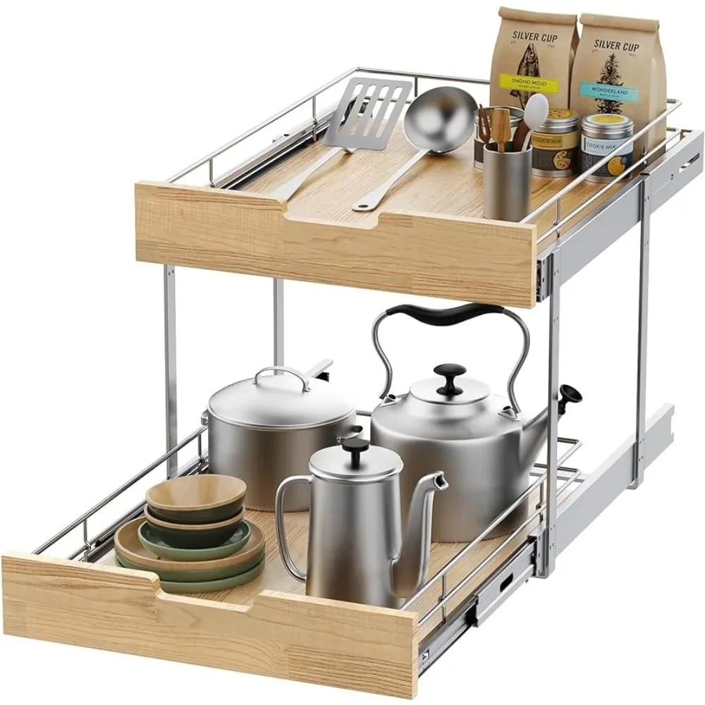 Pull Out Cabinet Organizer,Heavy-Duty Slide  Shelf, Wood And Wire Basket