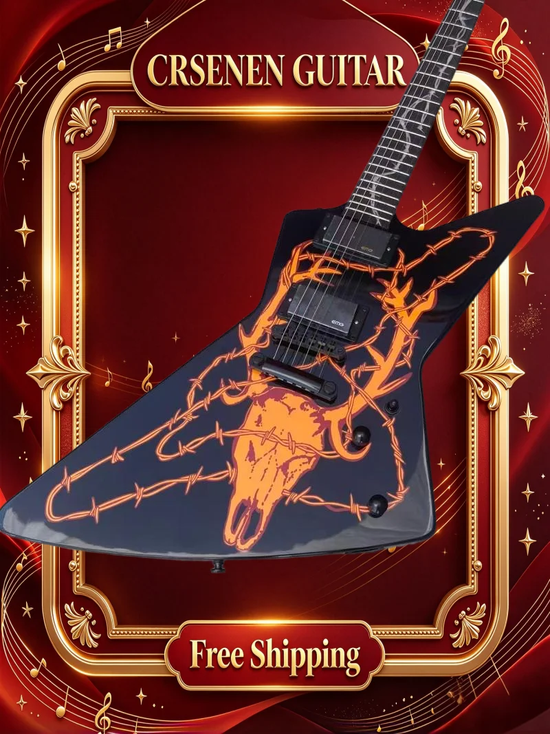 Free Shipping V Shape Electric Guitar Black Body Orange Skull Barbed Wire Print HH Pickups Fixed Bridge Rock Collection Gift