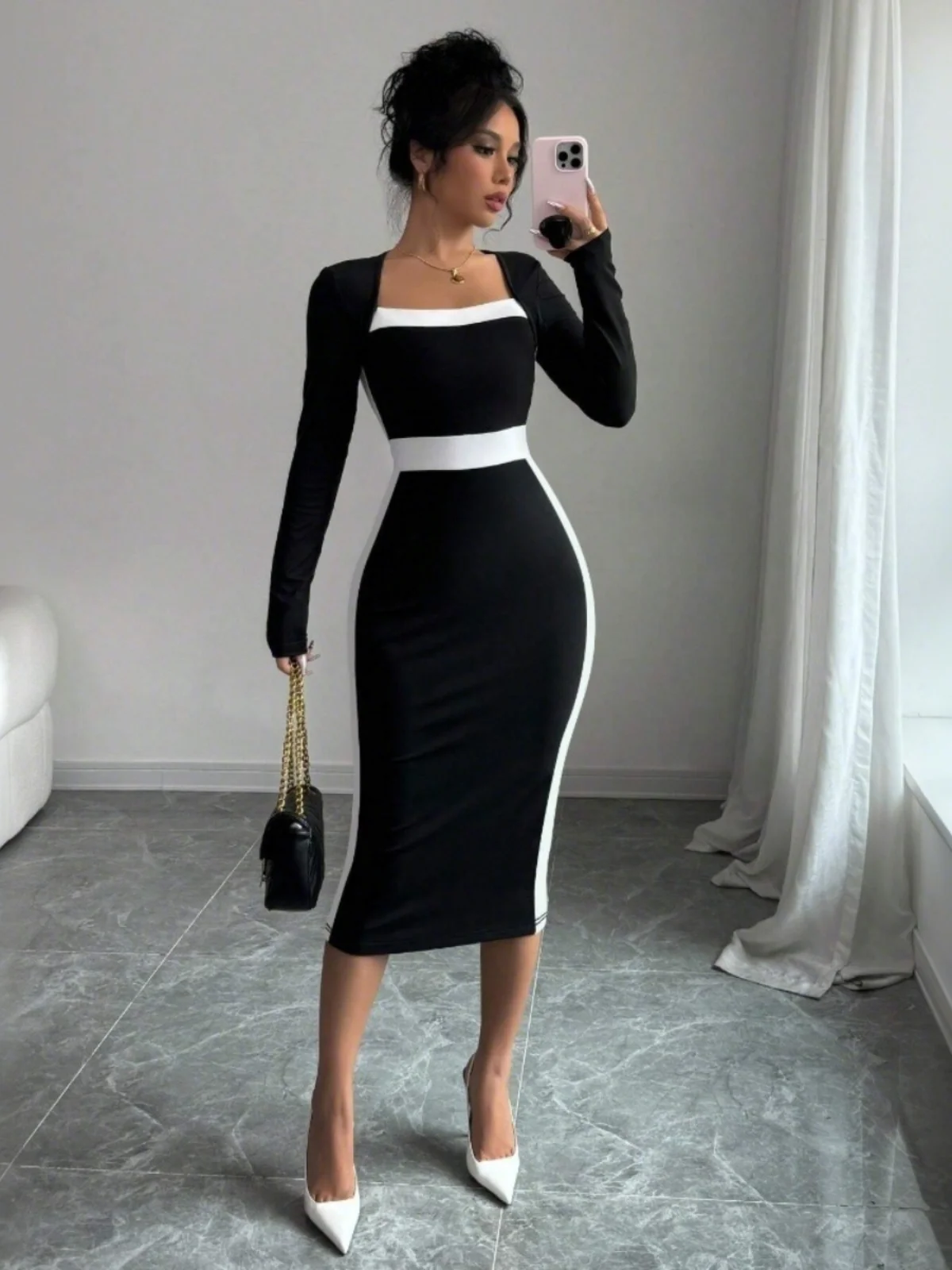 Sexy Color Blo Long Sve Bodycon Dr High Waist A-Line Midi Dr Contrast Color Splicing Ele Faion Women's Dr