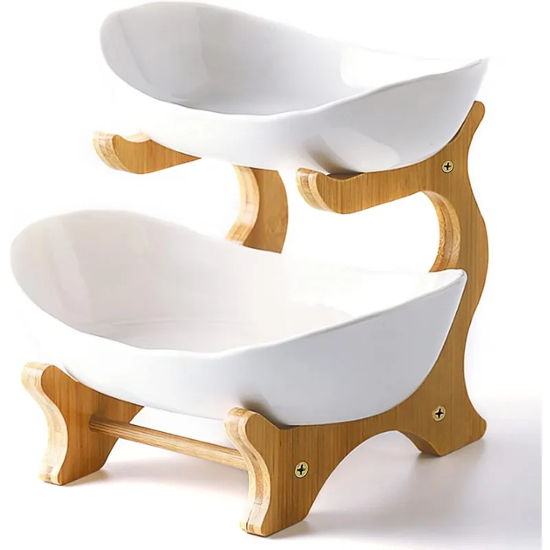 Bowl With Bamboo Wood Stand for Kitchen Counter,Porcelain Fruit Basket for Vegetable Storage,Snack Dessert