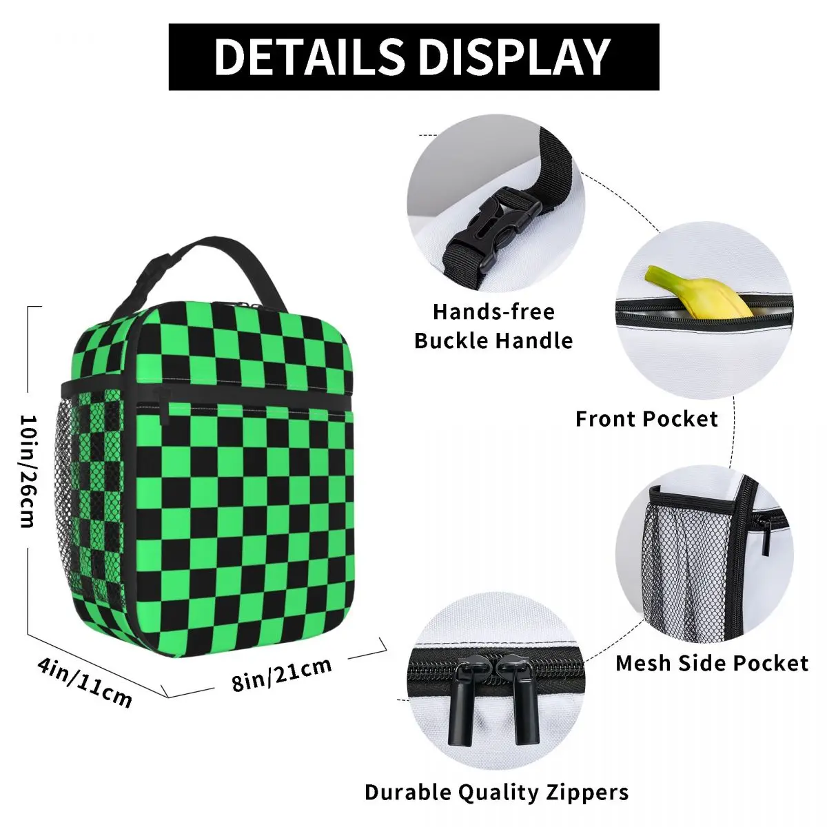 Black And Green Checkerboard Pattern Insulated Lunch Bags Tartan Geometric Thermal Cooler Food Lunch Box Outdoor Camping Travel