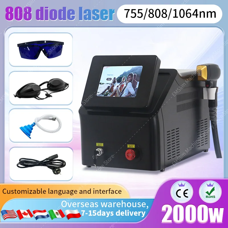 

2024 Portable 2000W 808nm diode laser 755 808 1064nm wavelength freezing point painless permanent hair removal