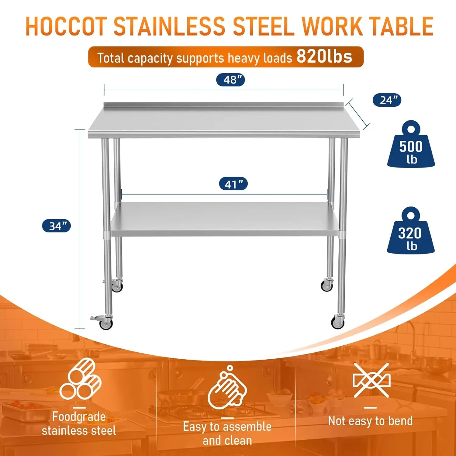 Stainless Steel Prep & Work Table With Adjustable Shelf, With Backsplash And Wheels, Kitchen Island, Commercial Workstations,