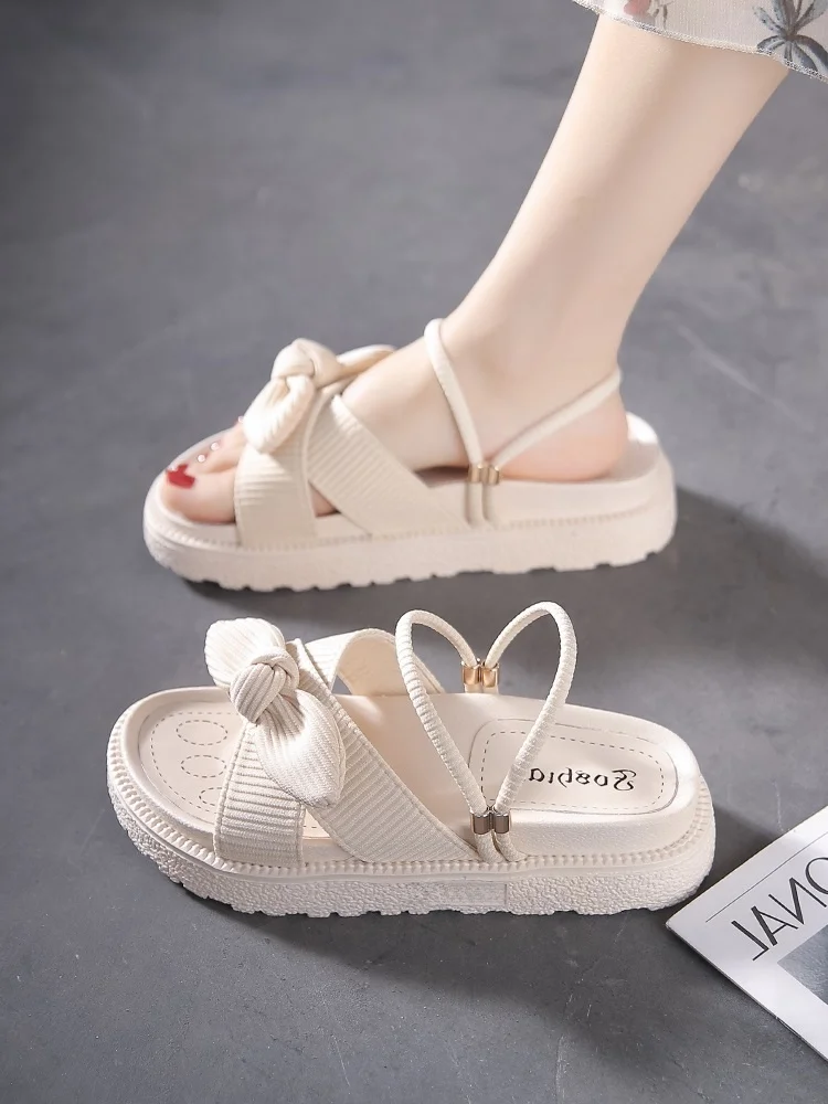 Romantic  Knot Roman Sandals Women's Spring Summer Outdoor Wear Thick Bottom Slip-On Loafers Fashionable Flat Heels