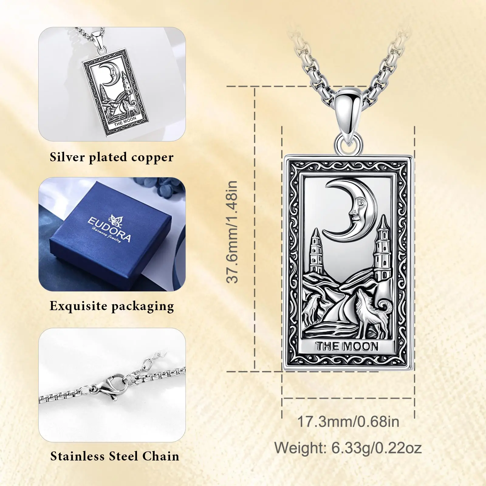 Eudora THE MOON Tarot Cards Necklace Copper Vintage Major Arcana Divination Amulet Pendant Spiritual Jewelry Gift for Women Men