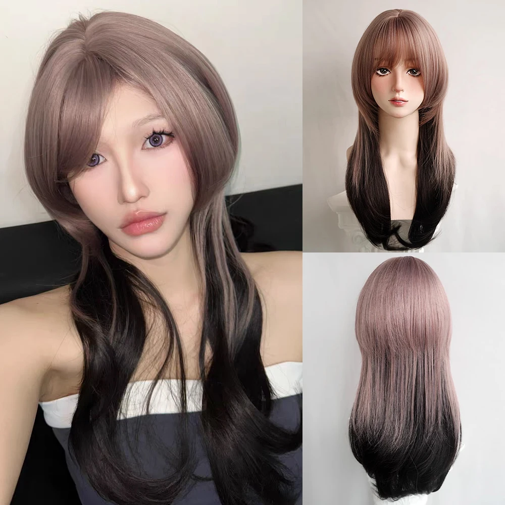 Synthetic Long Straight Ombre Purple Grey Black Jellyfish Head Wig Fluffy Lolita Cosplay Hair Wig with Bangs for Daily Party