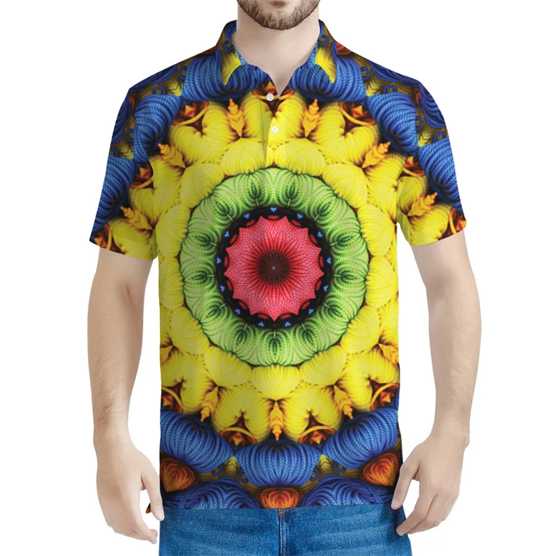 Vintage 3D Printed Psychedelic Polo Shirt For Men Kaleidoscope Pattern Short Sleeves Summer Lapel Tees Casual Button POLO Shirts