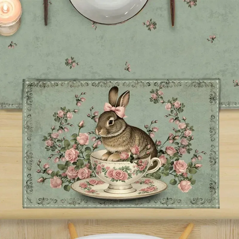 VIKAMA Happy Easter Retro Kaninchen-Tischsets aus Leinen, waschbare Tischsets, hitzebeständig, rutschfest, für Küche, Esszimmer, Heimdekoration