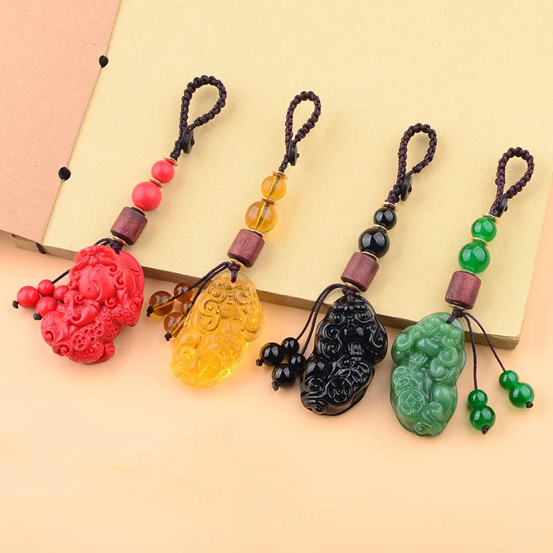 Natural Stone Luckly Pixiu Pendants Car KeyChain Carved Jade Keychains Key Ring Key Chinese Fengshui Beast Bring Lucky andWealth