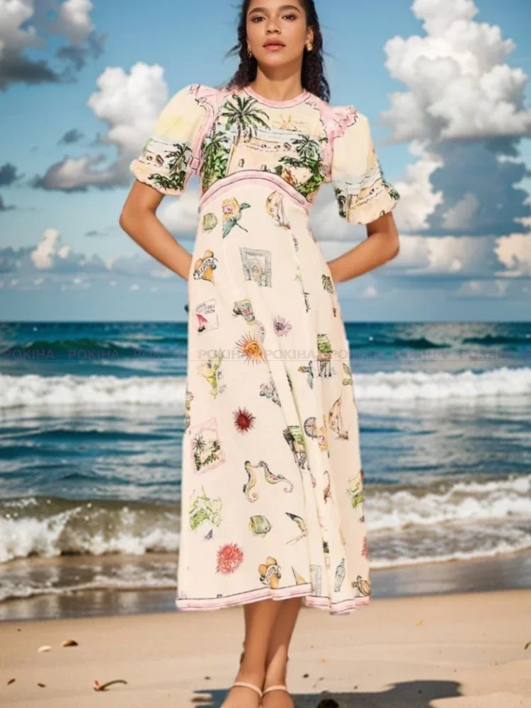 Women 2024 Summer Holiday Maxi Dress Fashion Casual Print Long Drsses Short Sleeve Loose Vintage Robe Female Vestidos Party Culb