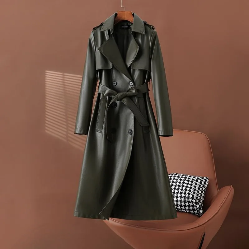 سترة واقية من الرياح للنساء سترة جلدية متوسطة الطول مع أربطة على الخصر وتناسب شكل من جلد الغنم الصناعي بدلة مزدوجة الصدر #1