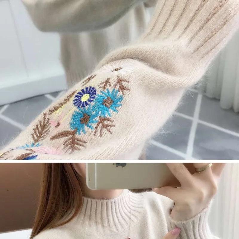 Autumn Winter Women\'s Pullover Round Neck Solid Flower Embroidery Flocking Lantern Long Sleeve Sweater Knitted Casual Tops