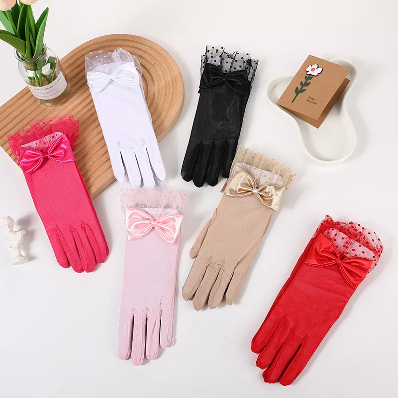 26CM Women Sexy Mesh Thin Bow Gloves Breathable Elasticity Bow Dot Cute Lovely Sweety Banquet Stage Performance Wedding