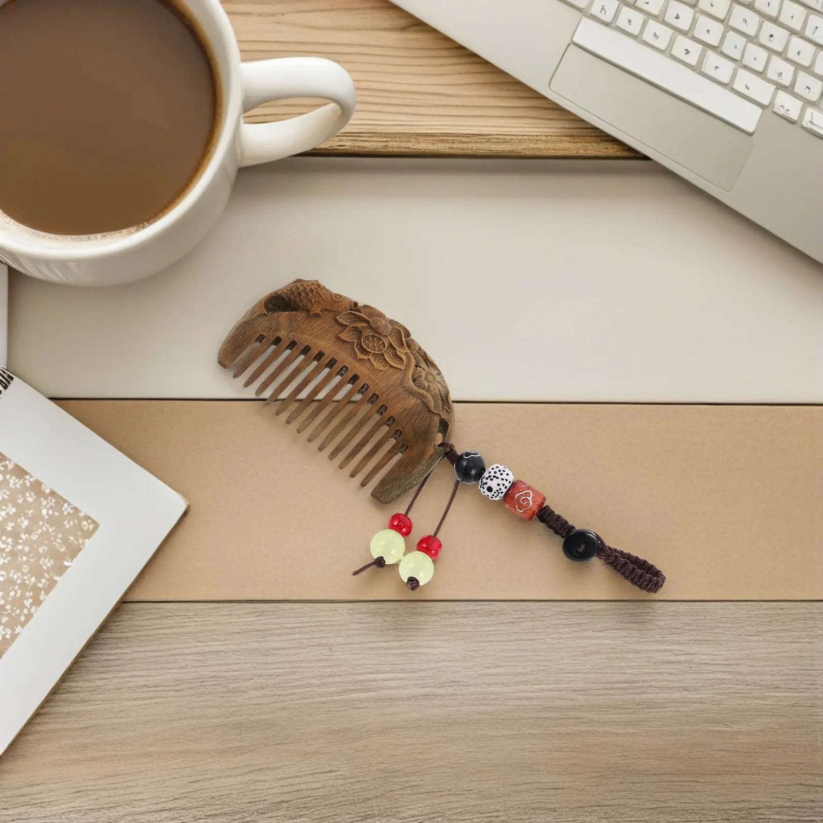 Mini Sandalwood Pocket Comb Carved Lotus Fish Vintage Chinese Style Hair Comb Portable Travel Size Keychain Ornament for Women