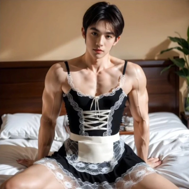 

Мужской сексуальный комплект нижнего белья больших размеров, мужской костюм горничной для косплея, кружевная юбка на подтяжках, ролевая игра, трансвестит, гей-фетиш, платье, костюм