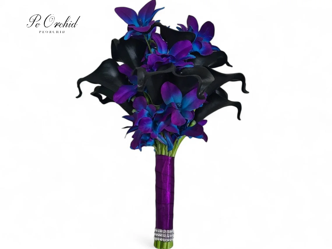 PEORCHID Artificial Wedding Flowers Orchid Cascading Bridal Bouquet Galaxy Purple Blue Faux Black Calla Lily Bridesmaids Bouquet